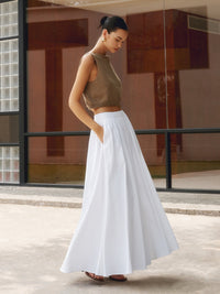 Nora Women's High Waist Pleated Linen Maxi Skirt Casual in White