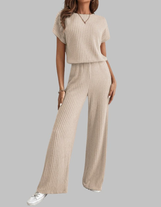 Nora Women's Ribbed Short Sleeve Top and Wide Leg Pants Set in Apricot