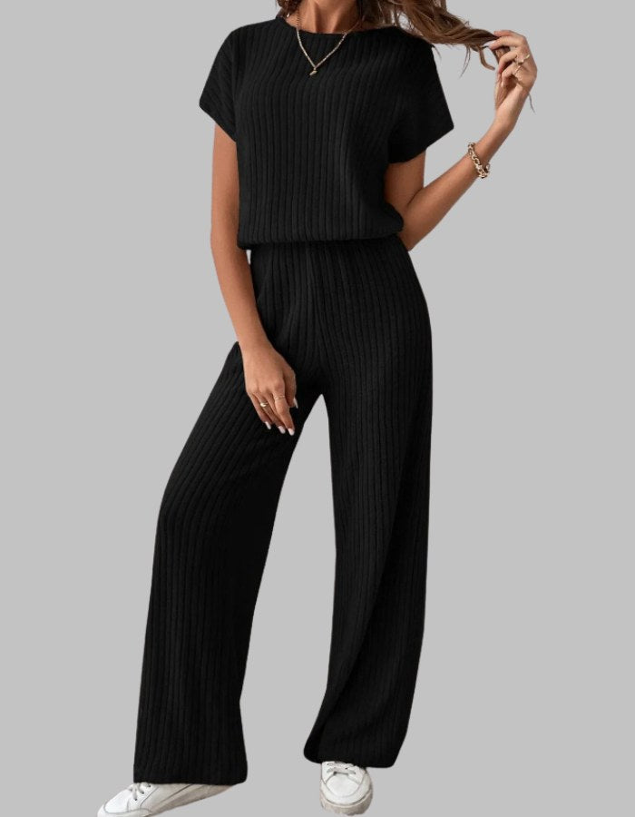 Nora Women's Ribbed Short Sleeve Top and Wide Leg Pants Set in Black