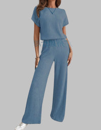 Nora Women's Ribbed Short Sleeve Top and Wide Leg Pants Set in Blue