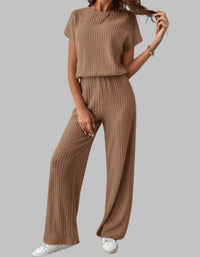 Nora Women's Ribbed Short Sleeve Top and Wide Leg Pants Set in Brown