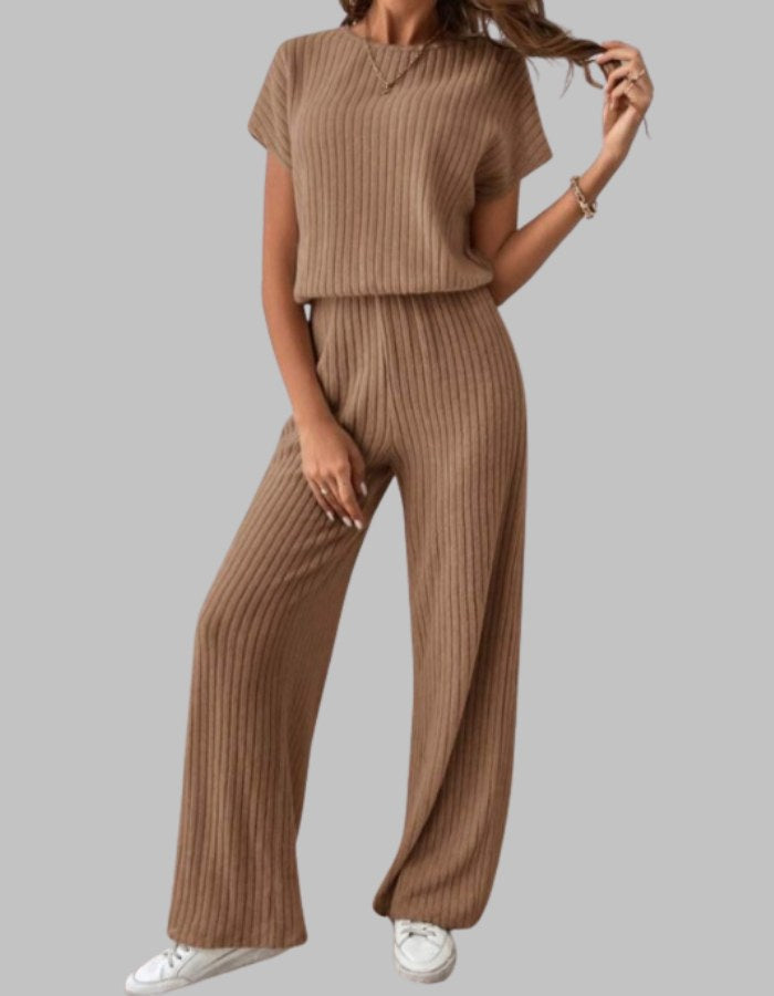 Nora Women's Ribbed Short Sleeve Top and Wide Leg Pants Set in Brown