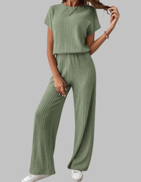 Nora Women's Ribbed Short Sleeve Top and Wide Leg Pants Set in Green