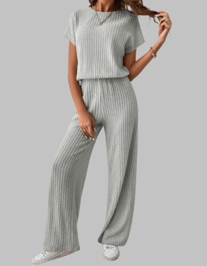 Nora Women's Ribbed Short Sleeve Top and Wide Leg Pants Set in Grey