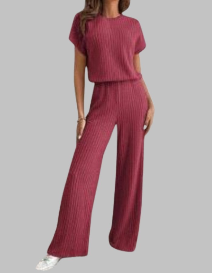 Nora Women's Ribbed Short Sleeve Top and Wide Leg Pants Set in Red