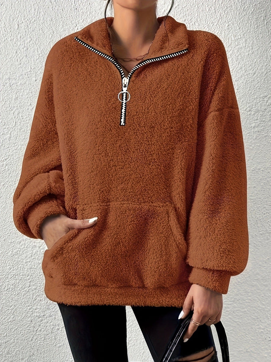 Novalie Sweater with Zip Front and Pockets in Brown