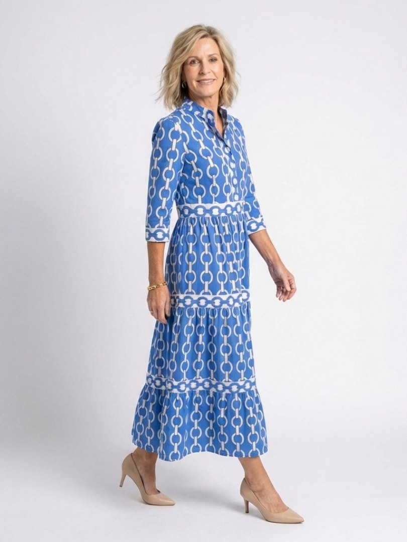 Octavienne Women's Chain Print 3/4 Sleeve Midi Dress in Blue