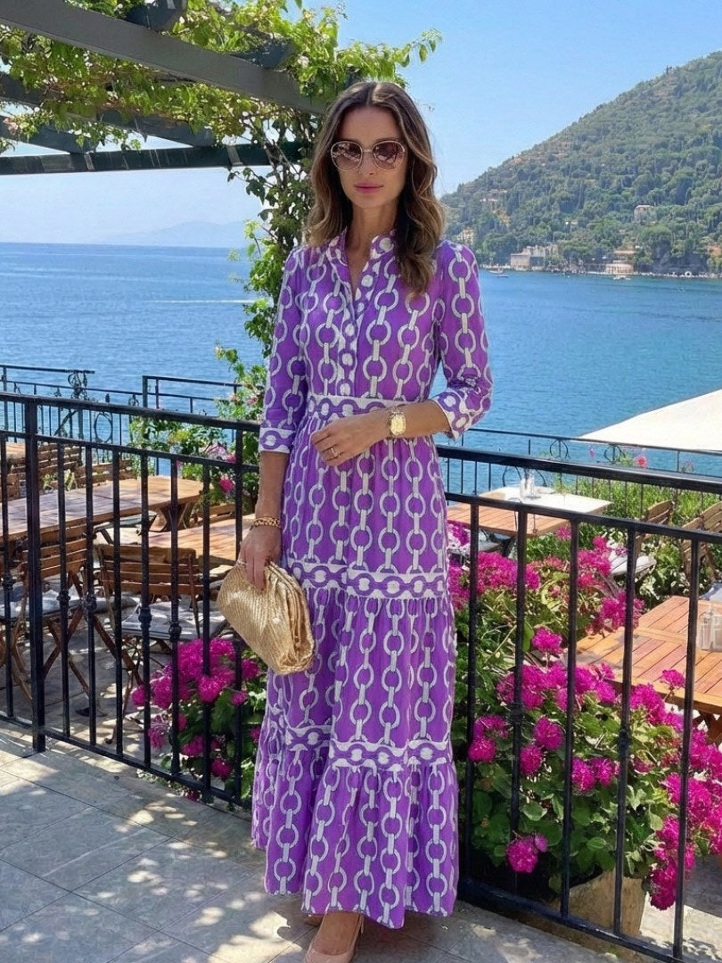 Octavienne Women's Chain Print 3/4 Sleeve Midi Dress in Purple