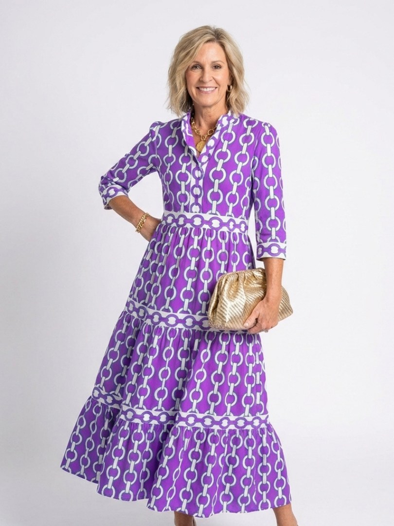 Octavienne Women's Chain Print 3/4 Sleeve Midi Dress in Purple