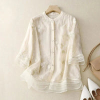 Odalys Women's Floral Embroidered Loose Blouse in Beige