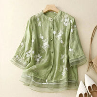Odalys Women's Floral Embroidered Loose Blouse in Green