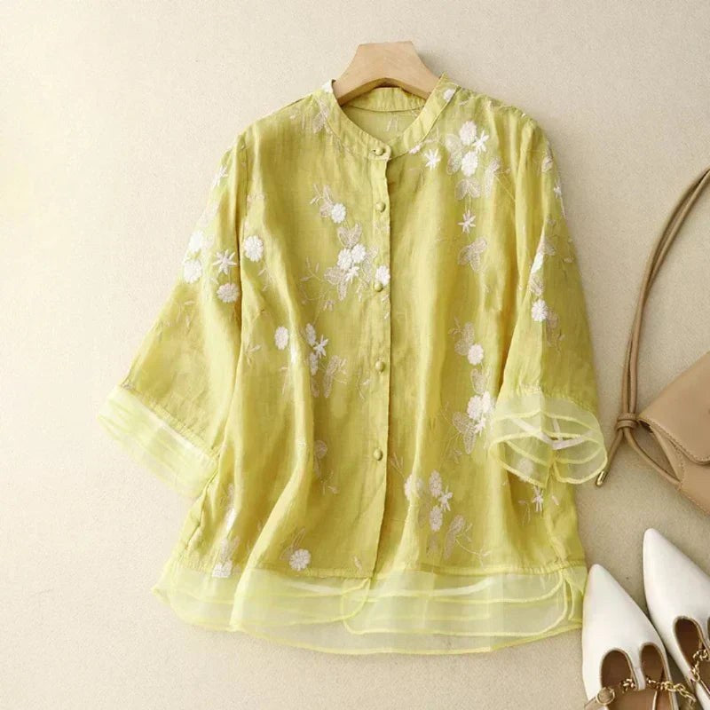 Odalys Women's Floral Embroidered Loose Blouse in Yellow