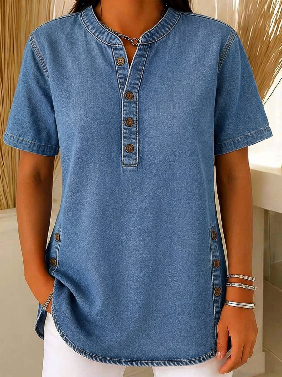 Odette Women's Relaxed Fit Short Sleeve Blouse in Blue