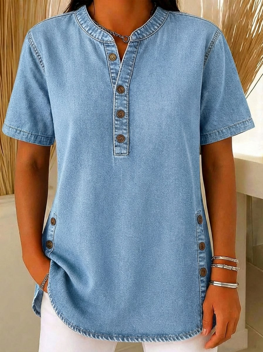 Odette Women's Relaxed Fit Short Sleeve Blouse in Light blue