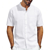 Odin Linen Shirt with Stand Collar and Chest Pocket