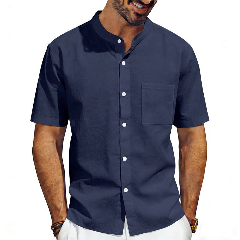 Odin Linen Shirt with Stand Collar and Chest Pocket
