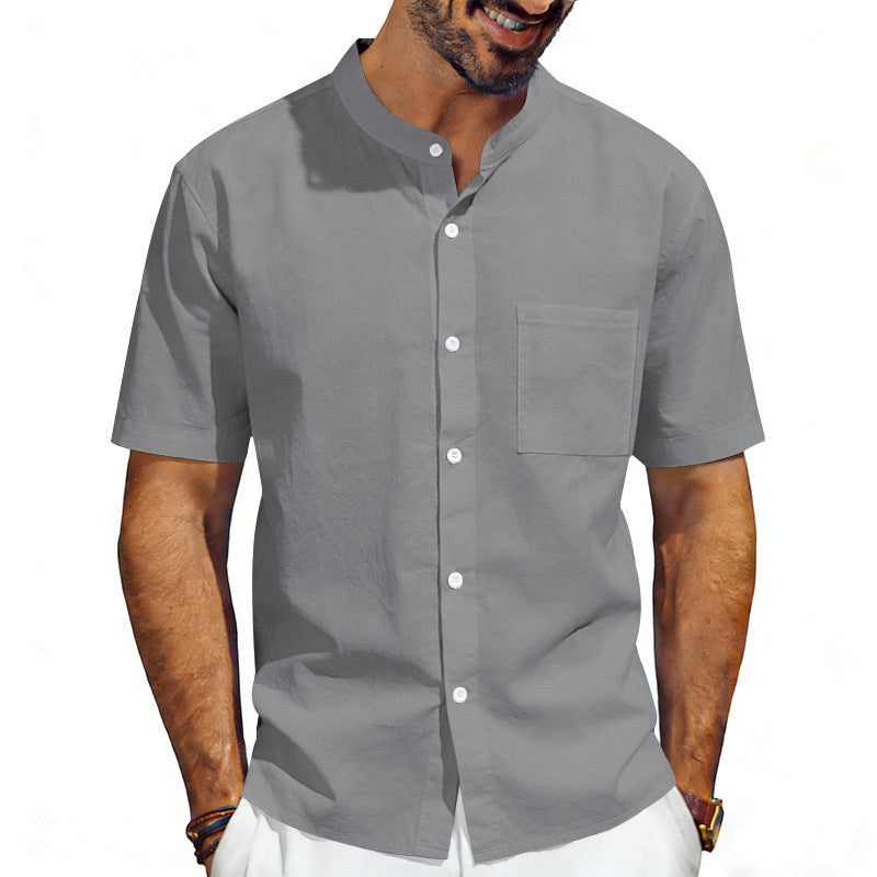 Odin Linen Shirt with Stand Collar and Chest Pocket