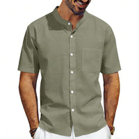 Odin Linen Shirt with Stand Collar and Chest Pocket