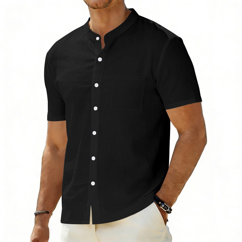 Odin Linen Shirt with Stand Collar and Chest Pocket in Black