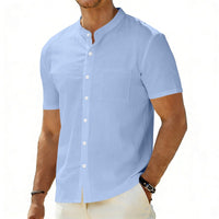 Odin Linen Shirt with Stand Collar and Chest Pocket in Blue