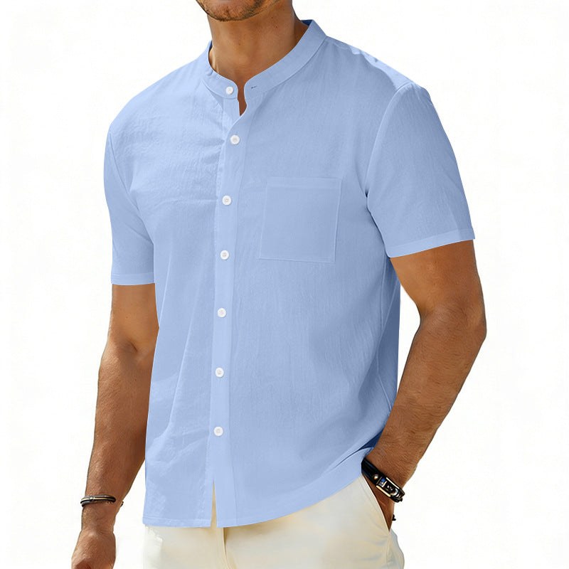 Odin Linen Shirt with Stand Collar and Chest Pocket in Blue