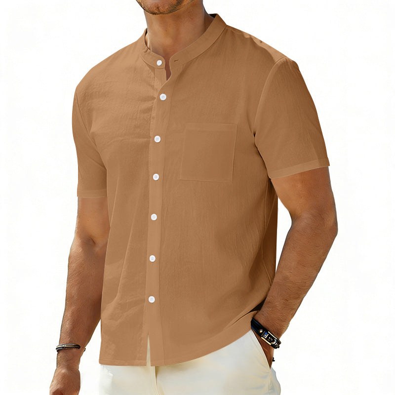 Odin Linen Shirt with Stand Collar and Chest Pocket in Brown