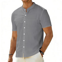 Odin Linen Shirt with Stand Collar and Chest Pocket in Grey