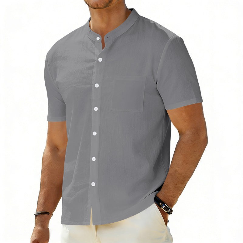 Odin Linen Shirt with Stand Collar and Chest Pocket in Grey