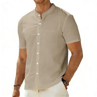 Odin Linen Shirt with Stand Collar and Chest Pocket in Khaki