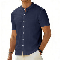 Odin Linen Shirt with Stand Collar and Chest Pocket in Navy