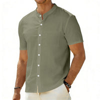Odin Linen Shirt with Stand Collar and Chest Pocket in Olive Green