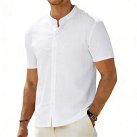 Odin Linen Shirt with Stand Collar and Chest Pocket in White