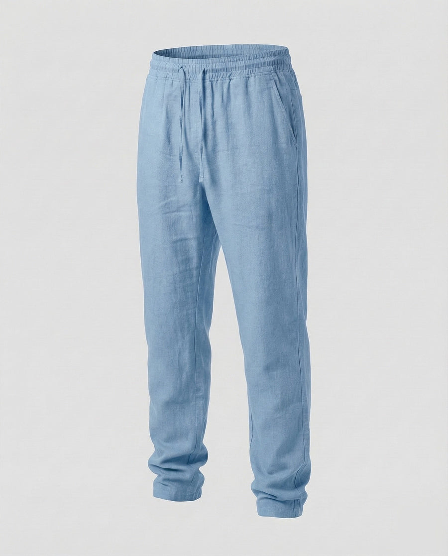 Odin Linen Trousers with Drawstring Waist in Light Blue