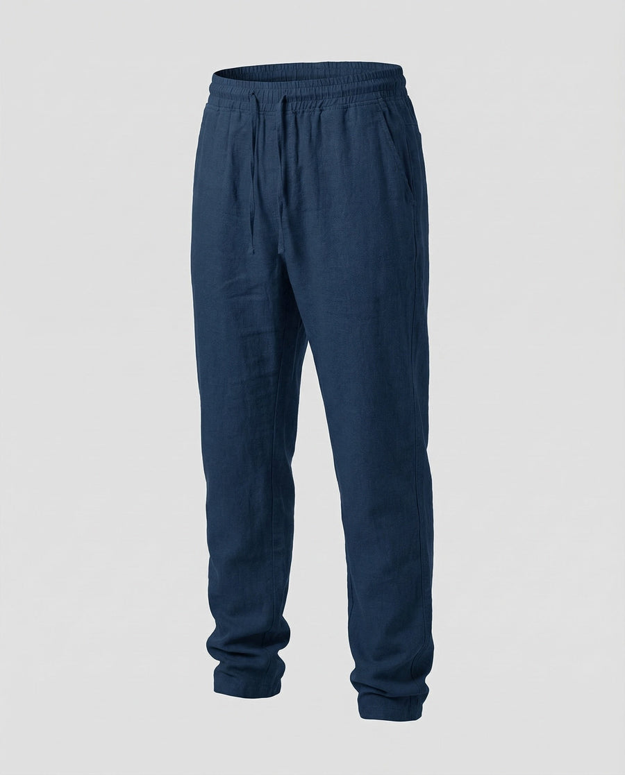Odin Linen Trousers with Drawstring Waist in Navy
