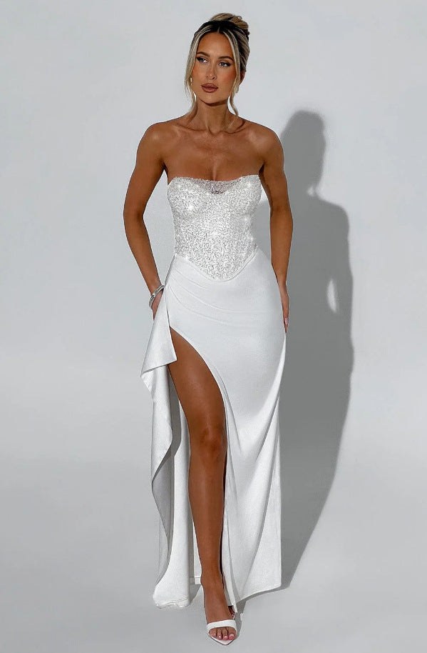 Olivia Elegant Evening Dress with Side Split in White