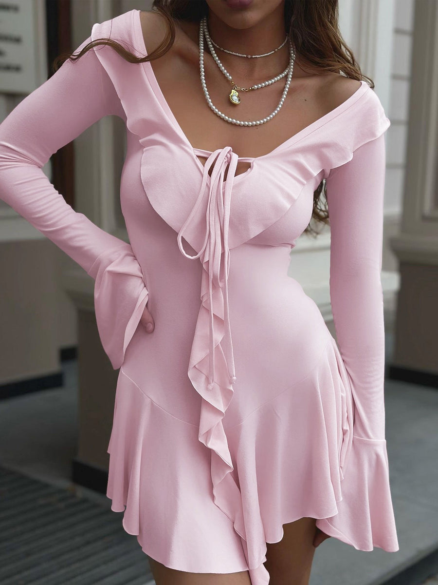 Olivia Elegant Wrap Dress with Ruffles in Pink