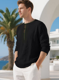 Olivier Casual Linen Blend Shirt with Long Sleeve and Button Front in Black