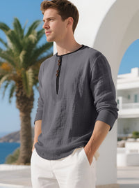 Olivier Casual Linen Blend Shirt with Long Sleeve and Button Front in Grey