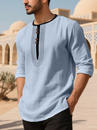 Olivier Casual Linen Blend Shirt with Long Sleeve and Button Front in Light Blue