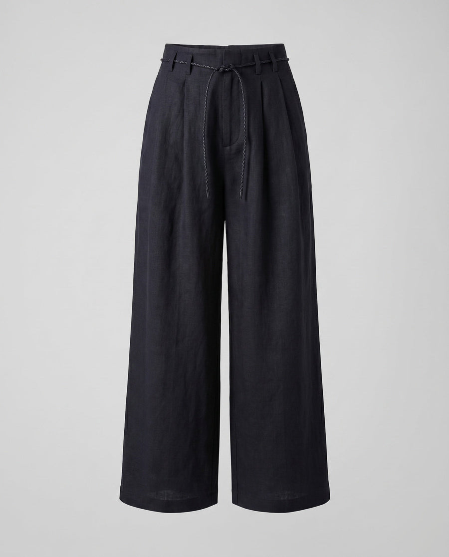 Oona Linen Trousers with Elastic Waist and Belted in Black