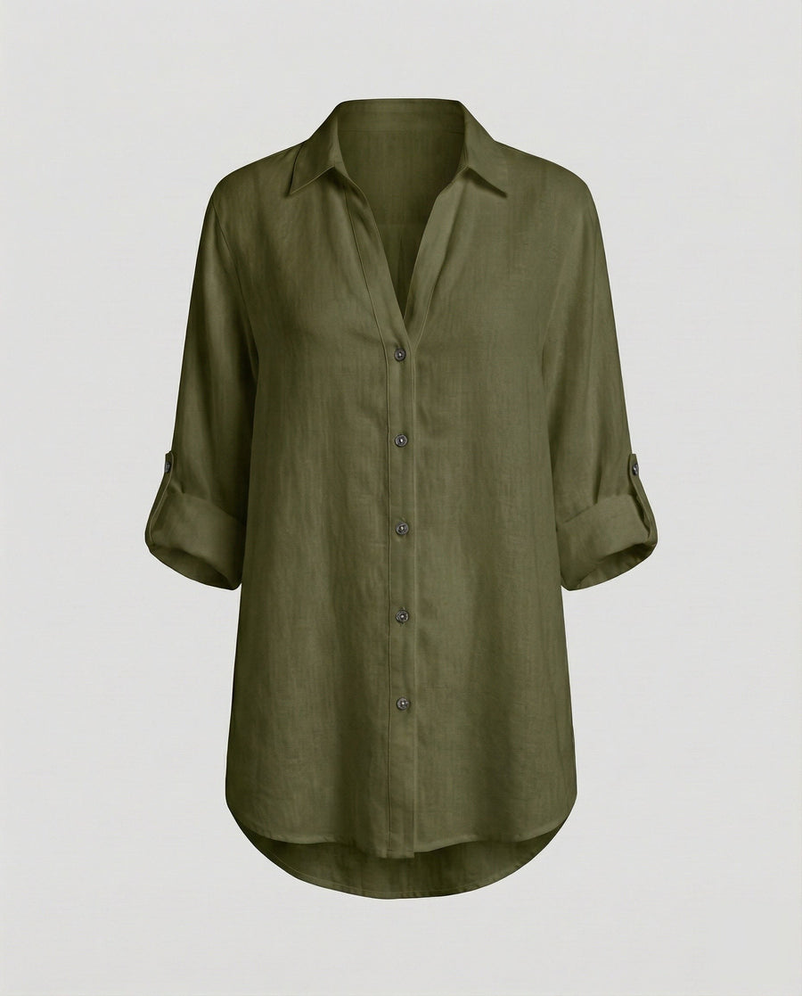 Opal Airy Linen Blouse with Oversized in Olive Green