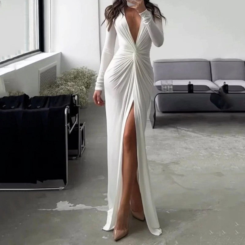 Ophelia Elegant Wrap Dress with V-Neck and Side Split in White