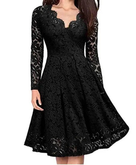 Ophelia Lace Dress with V-Neck in Black