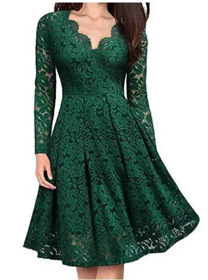 Ophelia Lace Dress with V-Neck in Green