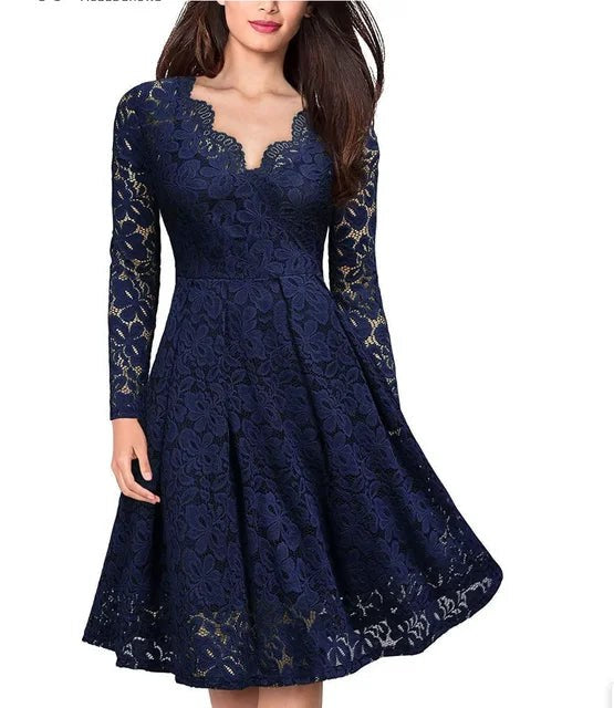 Ophelia Lace Dress with V-Neck in Navy