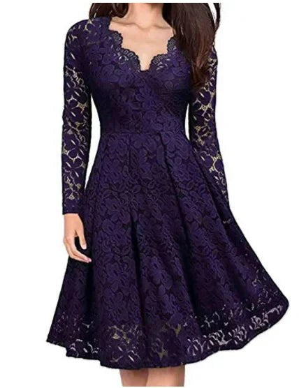 Ophelia Lace Dress with V-Neck in Purple