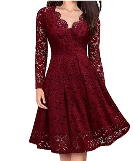 Ophelia Lace Dress with V-Neck in Red
