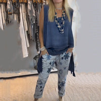 Oriane Women's Two-Piece Set Asymmetric Sleeveless Top & Printed Trousers in Blue