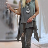 Oriane Women's Two-Piece Set Asymmetric Sleeveless Top & Printed Trousers in Grey