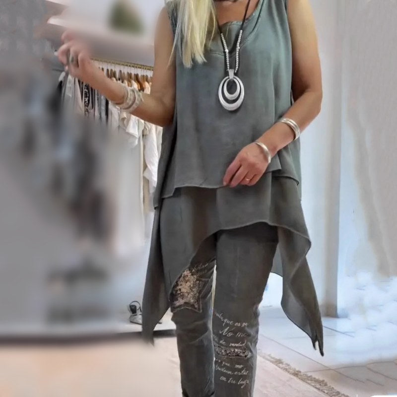 Oriane Women's Two-Piece Set Asymmetric Sleeveless Top & Printed Trousers in Grey
